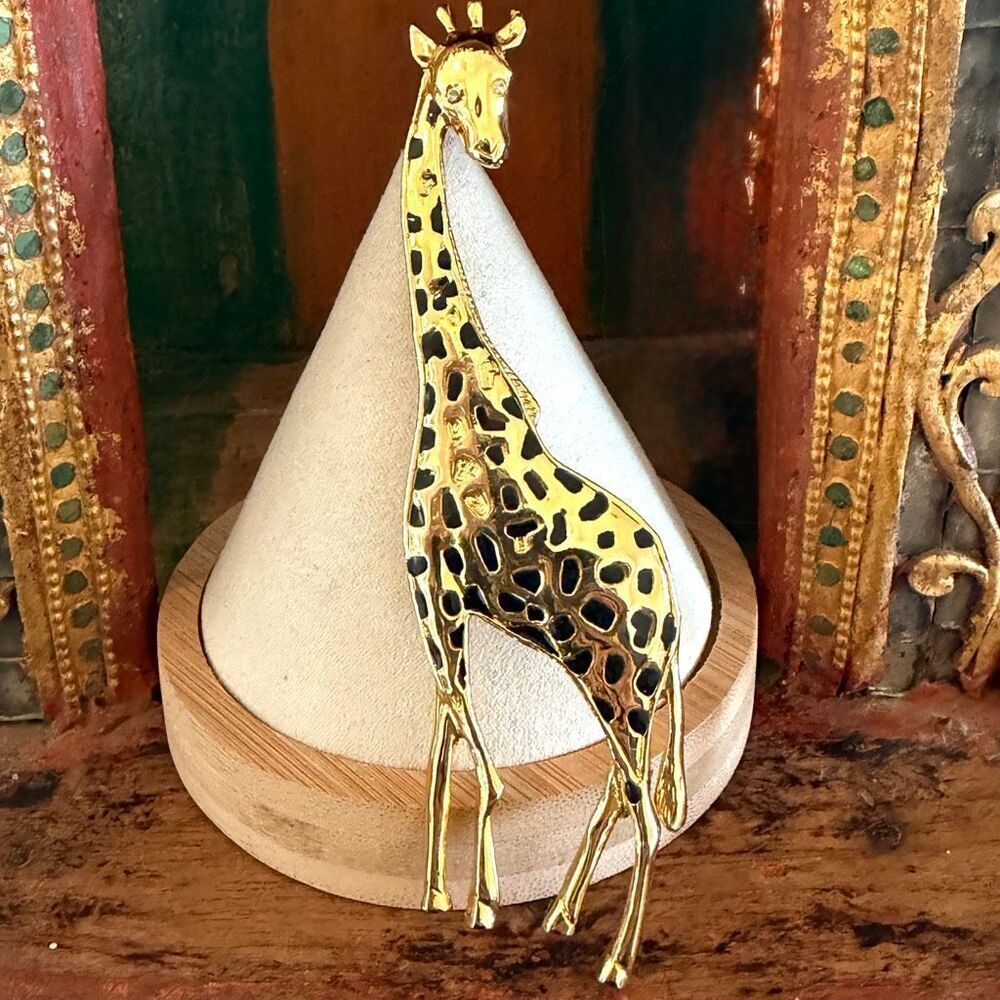 Gold Tone Giraffe Brooch Black Enamel Safari Animal Pin Rhinestone Eyes